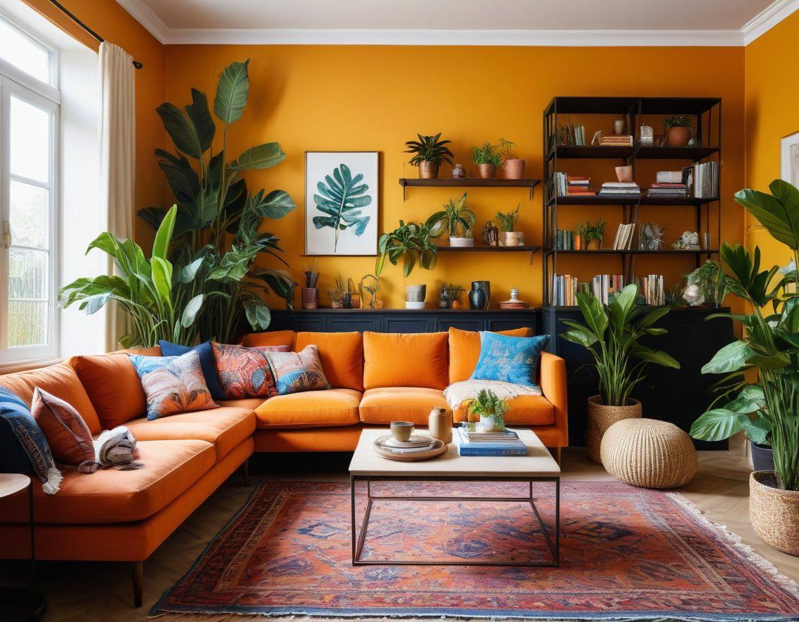 A beautifully styled interior space showcasing various decoration styles, featuring a cozy living room with eclectic and modern furniture, vibrant plants, and artistic wall decor. A warm color palette with soft lighting enhances the ambiance. Include details like textured textiles and a curated bookshelf that invite viewers in. The setting should evoke creativity and inspiration for decoration enthusiasts. super-realistic. vibrant colors. warm lighting.