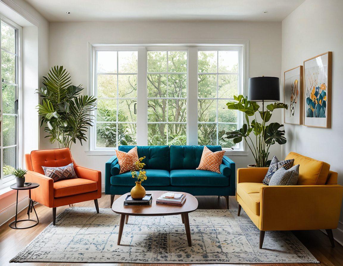 An elegantly furnished living room featuring a variety of contemporary furniture styles such as mid-century modern and minimalist designs, with vibrant cushions and stylish decor. Showcase large windows allowing natural light to fill the space, highlighting the warm wooden flooring and lush indoor plants. Incorporate a cozy reading nook with a designer armchair beside a chic coffee table. Atmosphere should be inviting and sophisticated, radiating a sense of style and comfort. super-realistic. vibrant colors. white background.